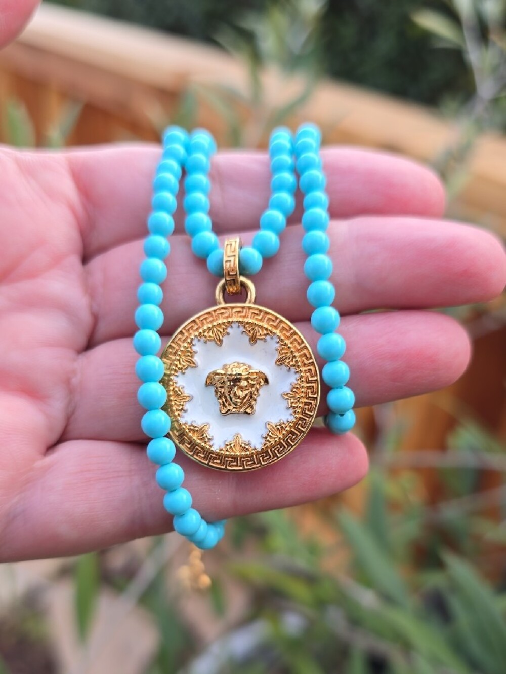 Versace Turquoise Beaded Necklace with Gold Medallion - Picture 8 of 8